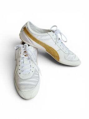 Puma Lanai XT Leather And Satin Sneakers White Gold Driving Shoes 9.5